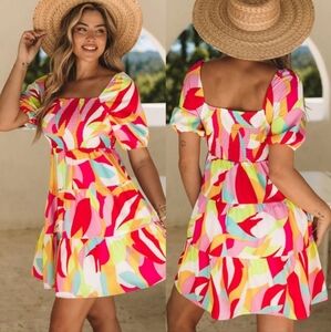 Geometric Print Colorful Smocked Babydoll Mini Dress Size XL